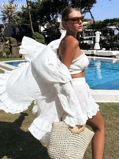 Cotton Long Sleeve Shirt & High-Waist Shorts 3-Piece Set | Wovetsa