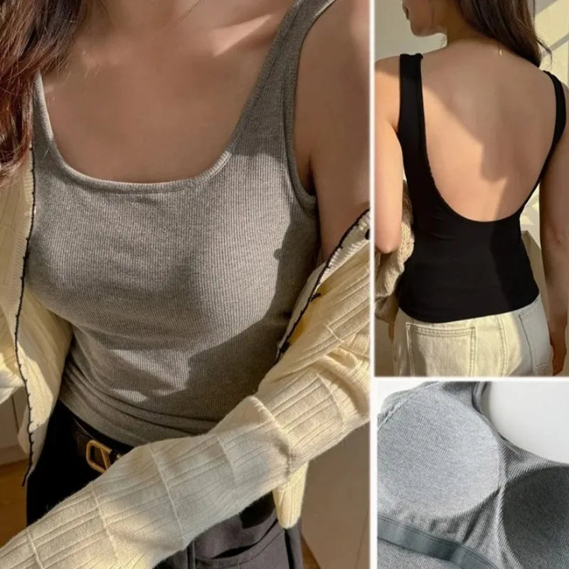 Backless Tank Top with Built-in Bra – Square Neck Camisole | Wovetsa