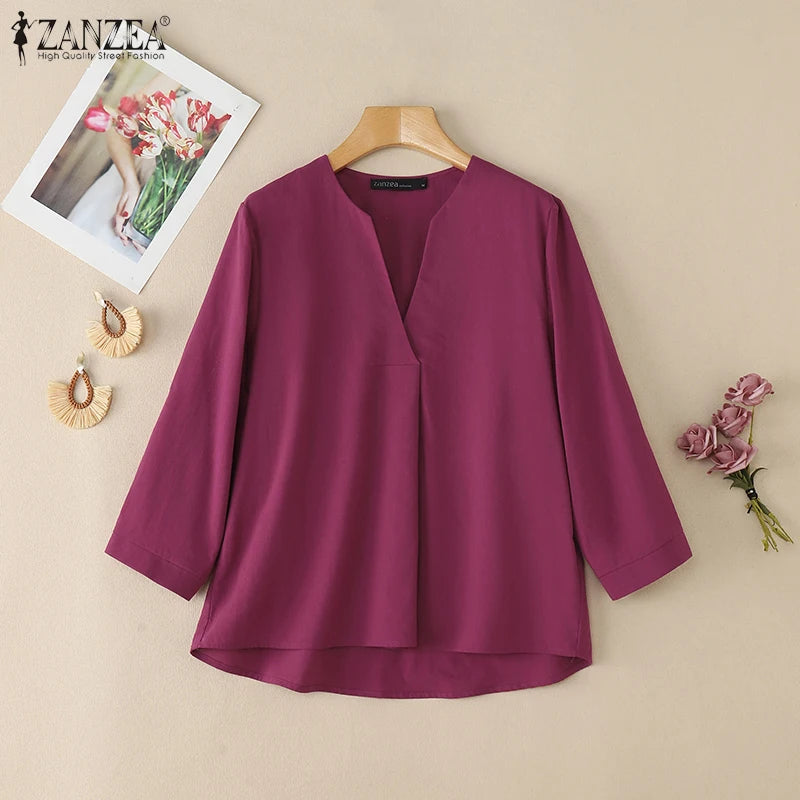 V-Neck 3/4 Sleeve Cotton Blouse | Wovetsa