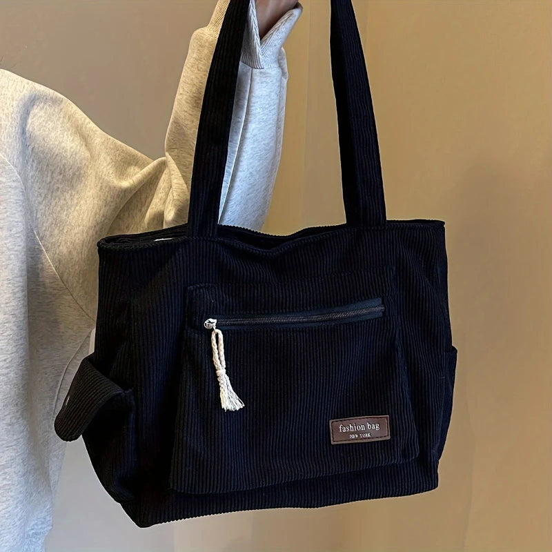 Solid Corduroy Tote Bag with Interior Pocket | Wovetsa