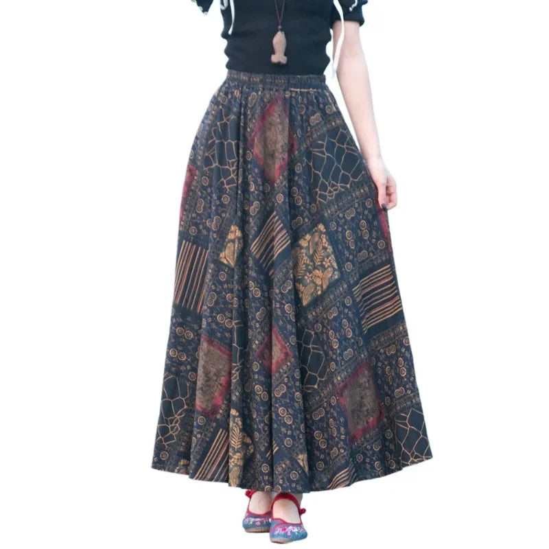 Bohemian Floral Print Cotton Linen Maxi Skirt | Wovetsa