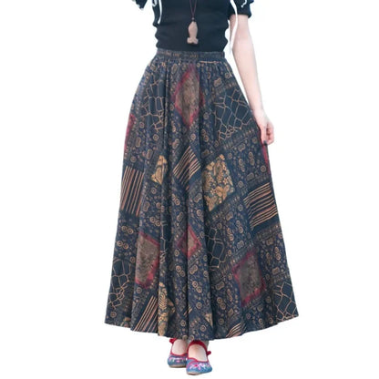 Bohemian Floral Print Cotton Linen Maxi Skirt | Wovetsa