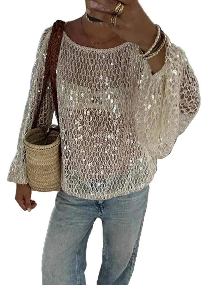 Sequin Hollow-Out Knit Pullover Top | Wovetsa