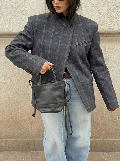 Plaid Stand Collar Blazer | Wovetsa