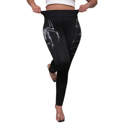 Plus Size Rhinestone Spider Print High-Waist Leggings | Wovetsa