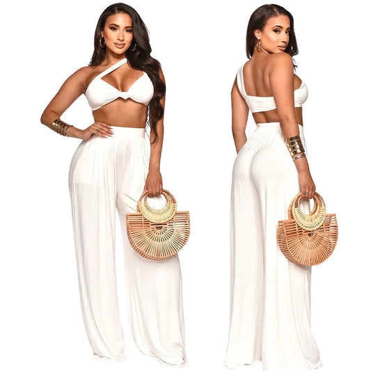 Women's One Shoulder Two Piece Set – Crop Top & Wide Leg Pants