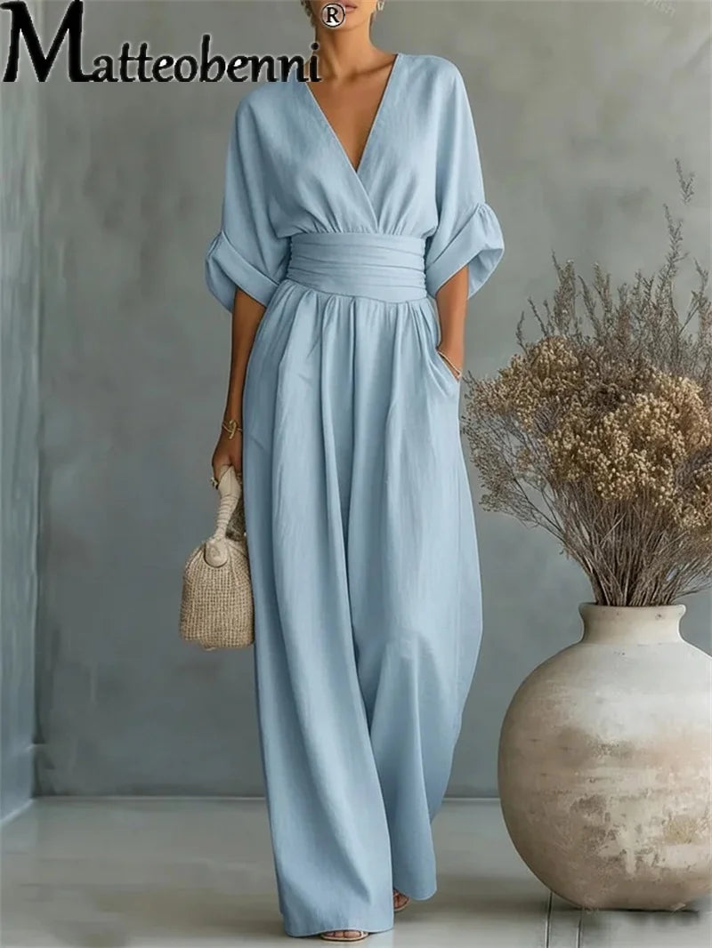 Ruched V-Neck Wide-Leg Jumpsuit | Wovetsa