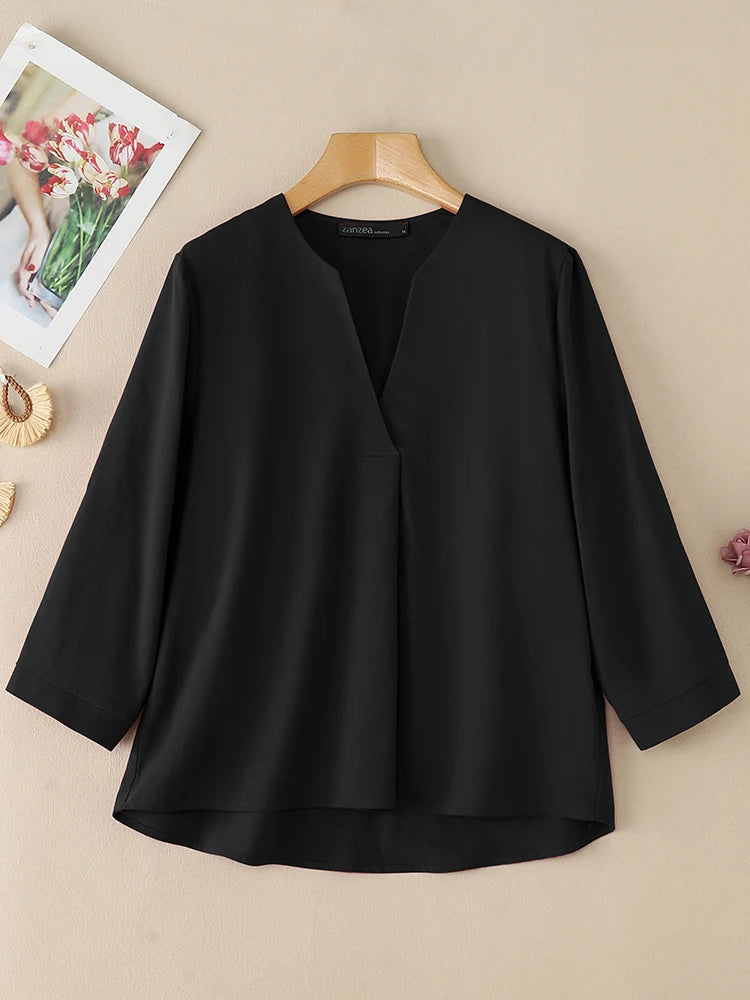V-Neck 3/4 Sleeve Cotton Blouse | Wovetsa