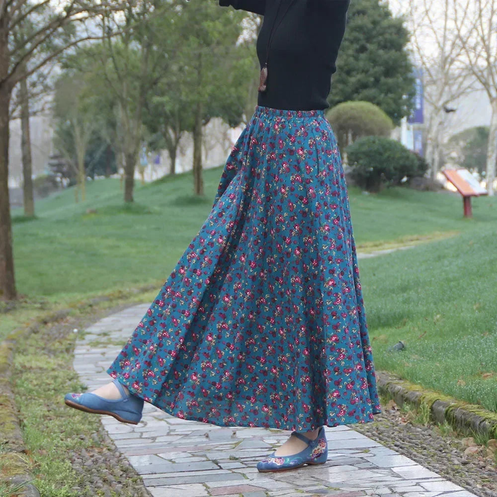 Bohemian Floral Print Cotton Linen Maxi Skirt | Wovetsa