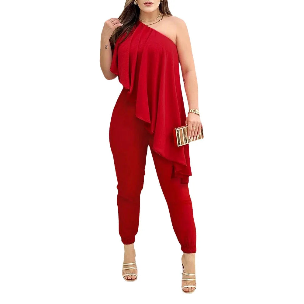 Diagonal Shoulder Ruffle Wide Leg Jumpsuit | Wovetsa