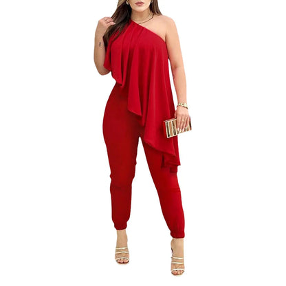 Diagonal Shoulder Ruffle Wide Leg Jumpsuit | Wovetsa