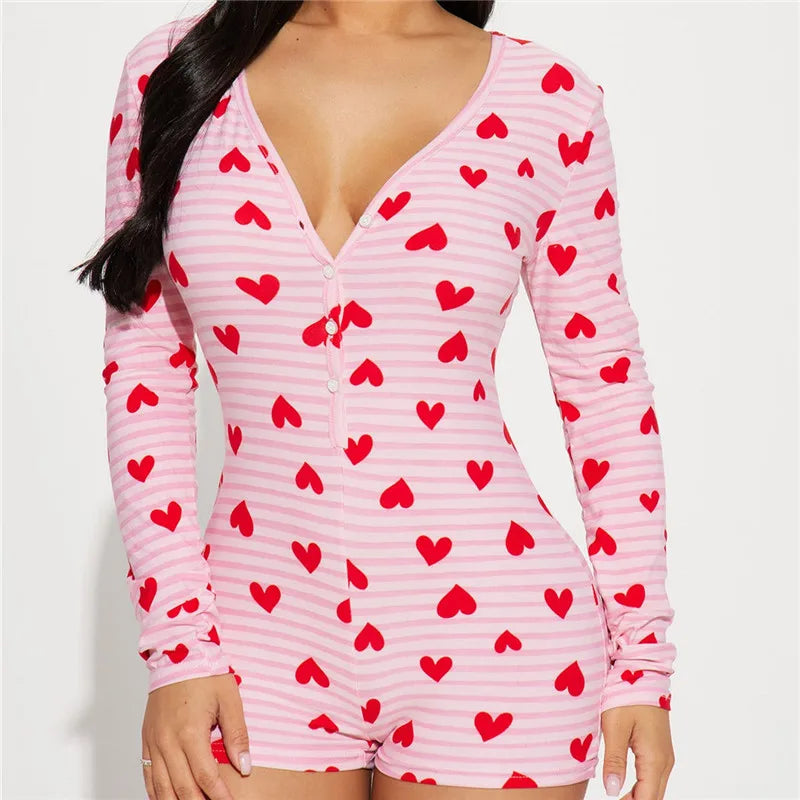 Heart Print Button-Front Short Romper | Wovetsa