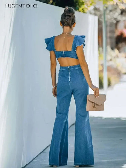 Ruffle Denim Wide-Leg Jumpsuit | Wovetsa