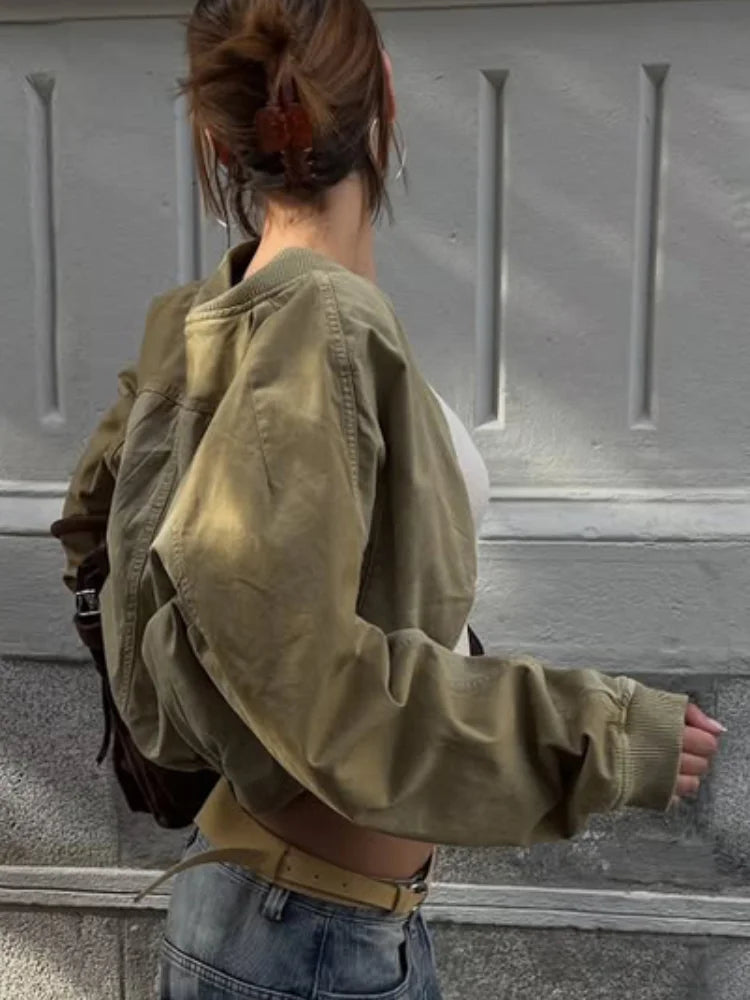 Khaki Lapel Zip Cropped Bomber Jacket | Wovetsa