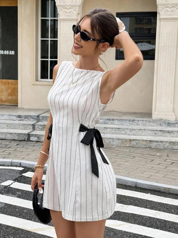 Striped Side Bow Mini Dress – Sleeveless Round Neck