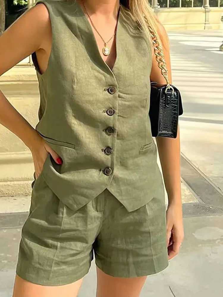 Women's Green Summer Two Piece Set | Relaxed Elegant Vest and Shorts Outfit