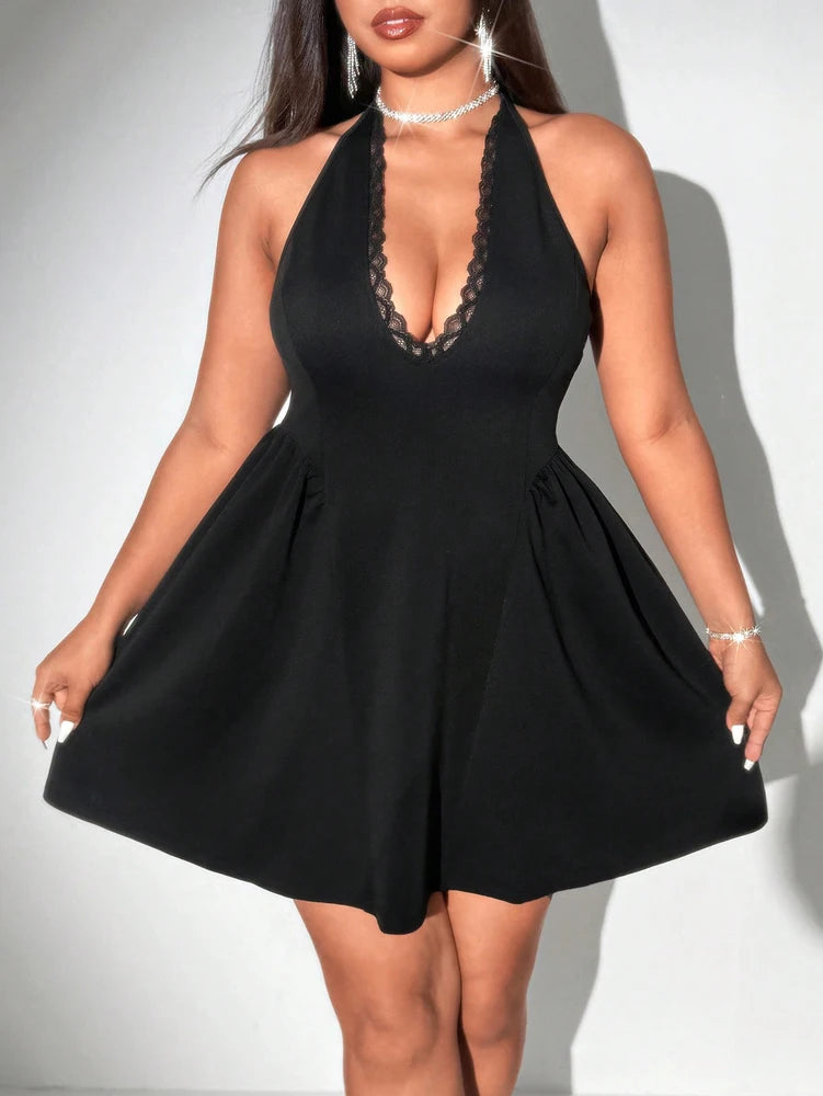 Plus Size V-Neck Lace Puff Skirt Dress | Wovetsa