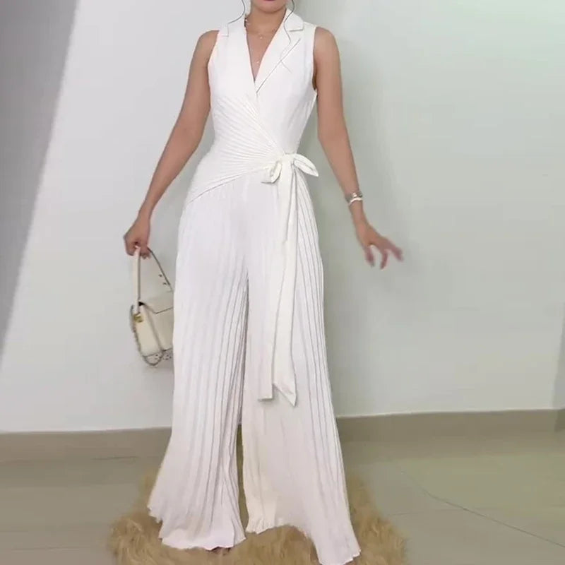 Lace-Up V-Neck Wide-Leg Jumpsuit | Wovetsa