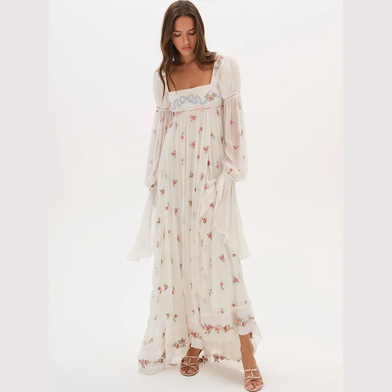 Square Neck Puff Sleeve Empire Waist Boho Maxi Dress | Wovetsa