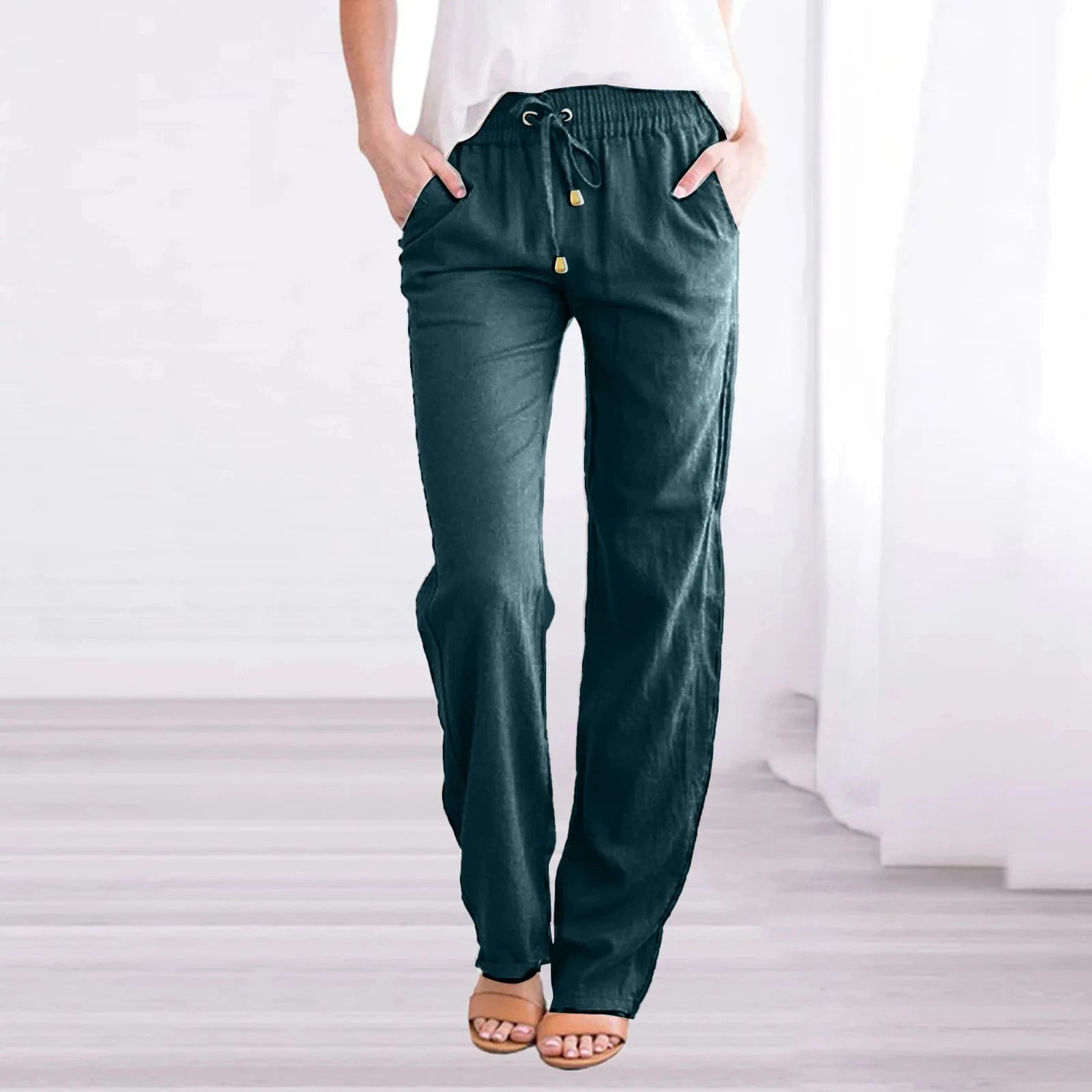 Linen-Blend Drawstring Wide-Leg Pants | Wovetsa