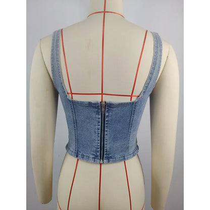Square Neck Backless Denim Tank Top – Zipper Asymmetric Hem | Wovetsa