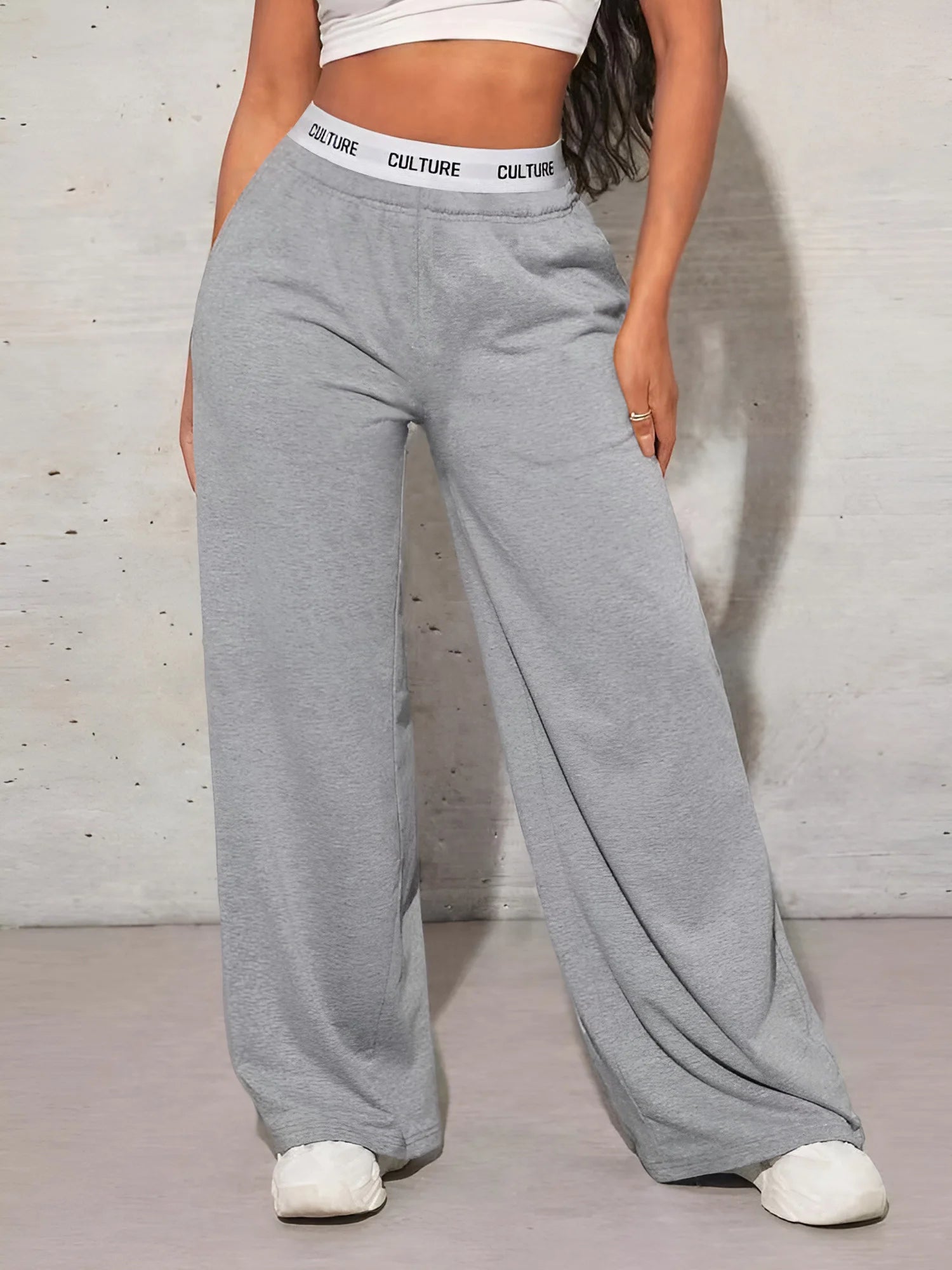 High-Waist Wide-Leg Sweatpants with Letter Waistband | Wovetsa