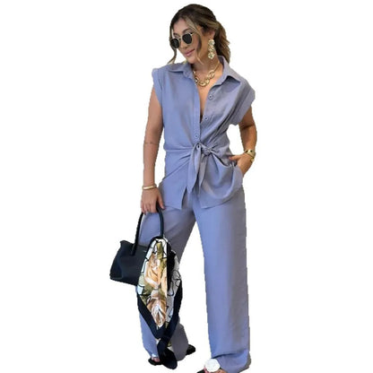 Sleeveless Shirt & Wide-Leg Pant Set | Wovetsa