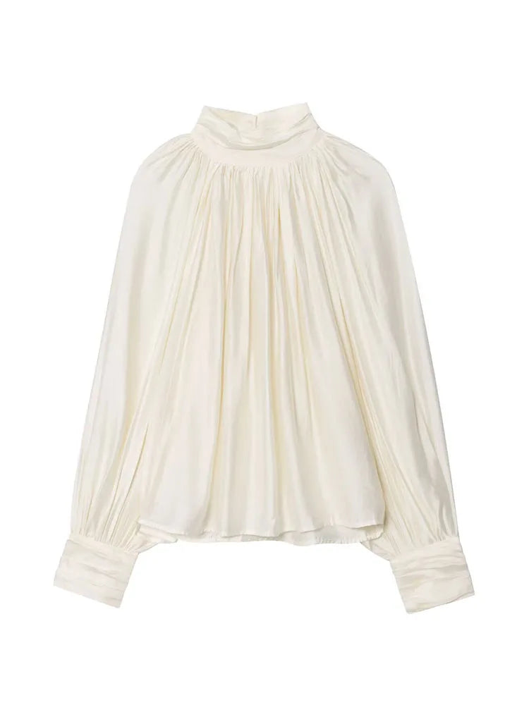 HH Women Autumn Fashion Simple Versatile Standing Collar Draped Top Female High Street Temperament Lantern Long Sleeve Shirt