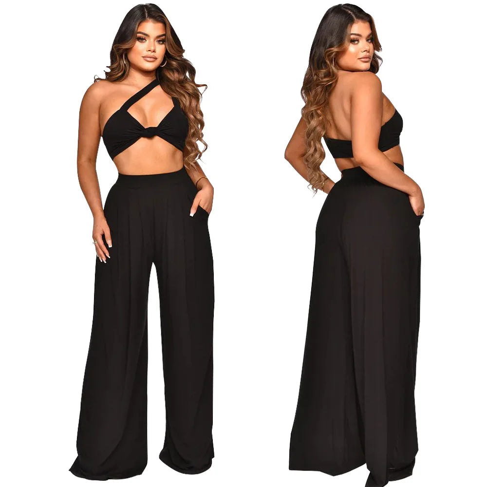 Women's One Shoulder Two Piece Set – Crop Top & Wide Leg Pants