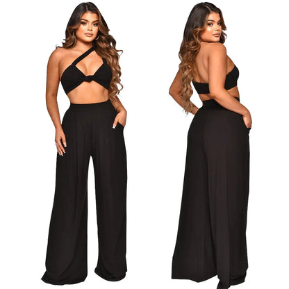 One Shoulder Crop Top & Wide-Leg Pant Set | Wovetsa