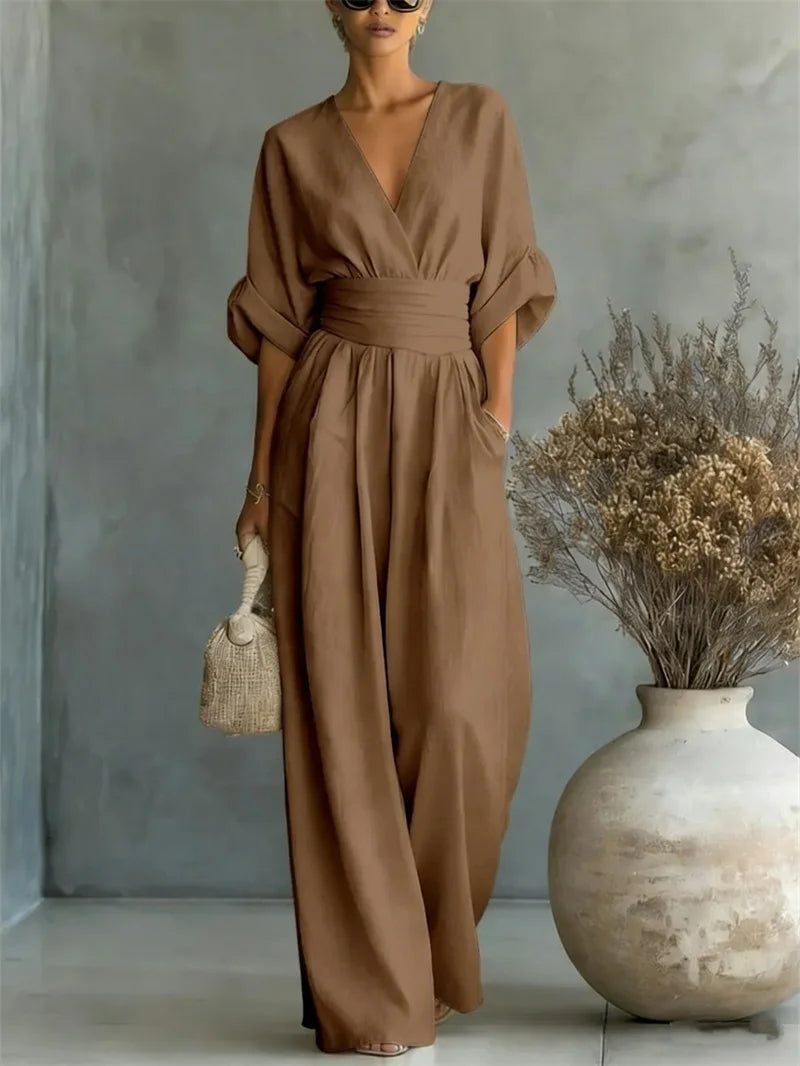 Ruched V-Neck Wide-Leg Jumpsuit | Wovetsa