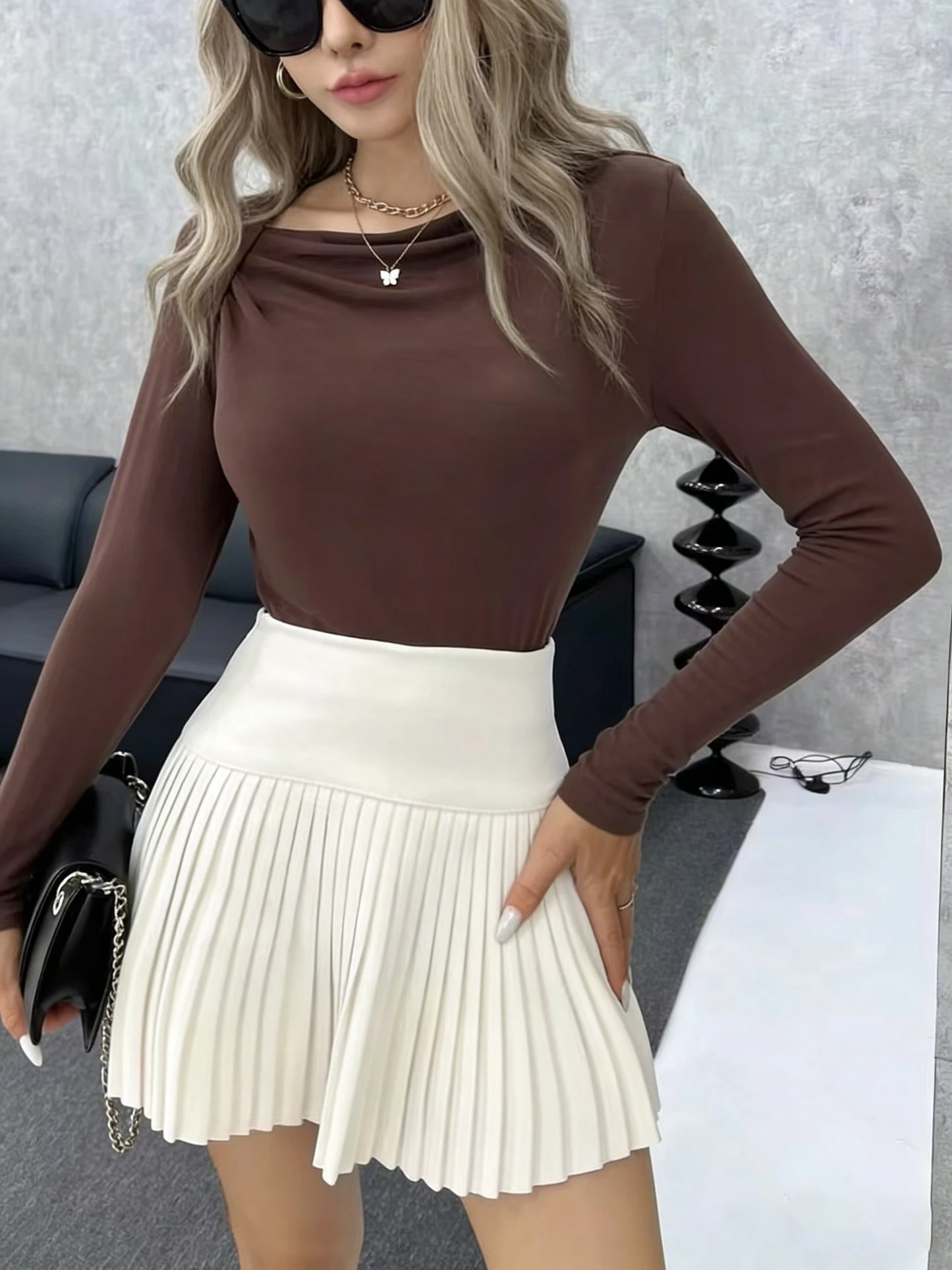 Slash Neck Ruffle Long Sleeve Crop Top | Wovetsa