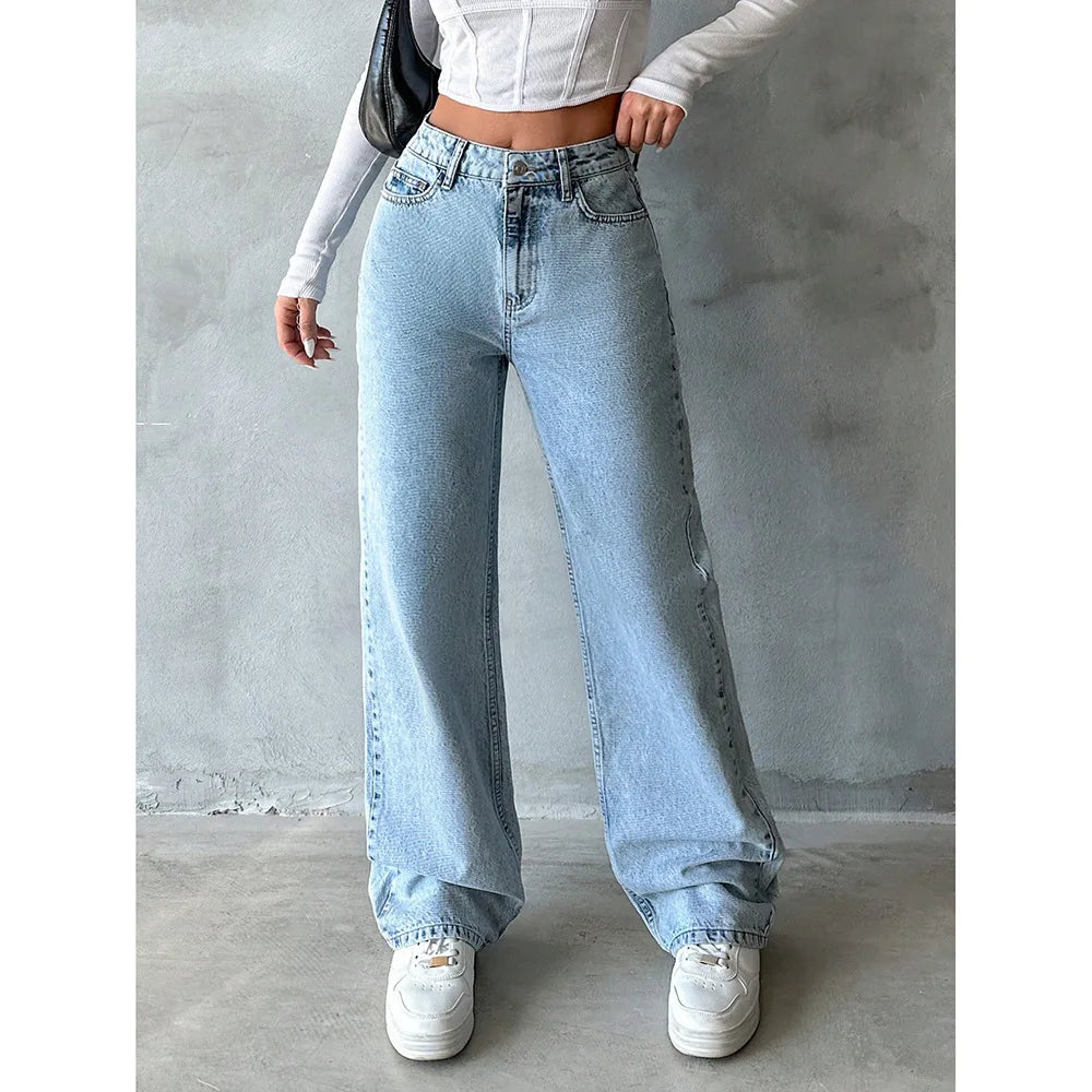 Women's High Waist Wide Leg Jeans – Vintage Wash Full Length Denim Pants