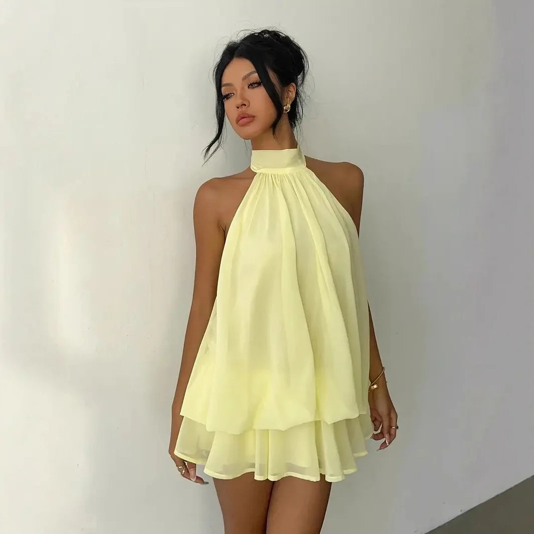 Halter Neck Backless Tie-Front Mini Dress | Wovetsa
