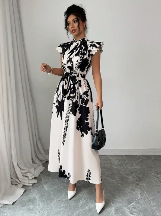 Women's Elegant Black White Midi Dress | Belted A-Line Sleeveless Summer Dress