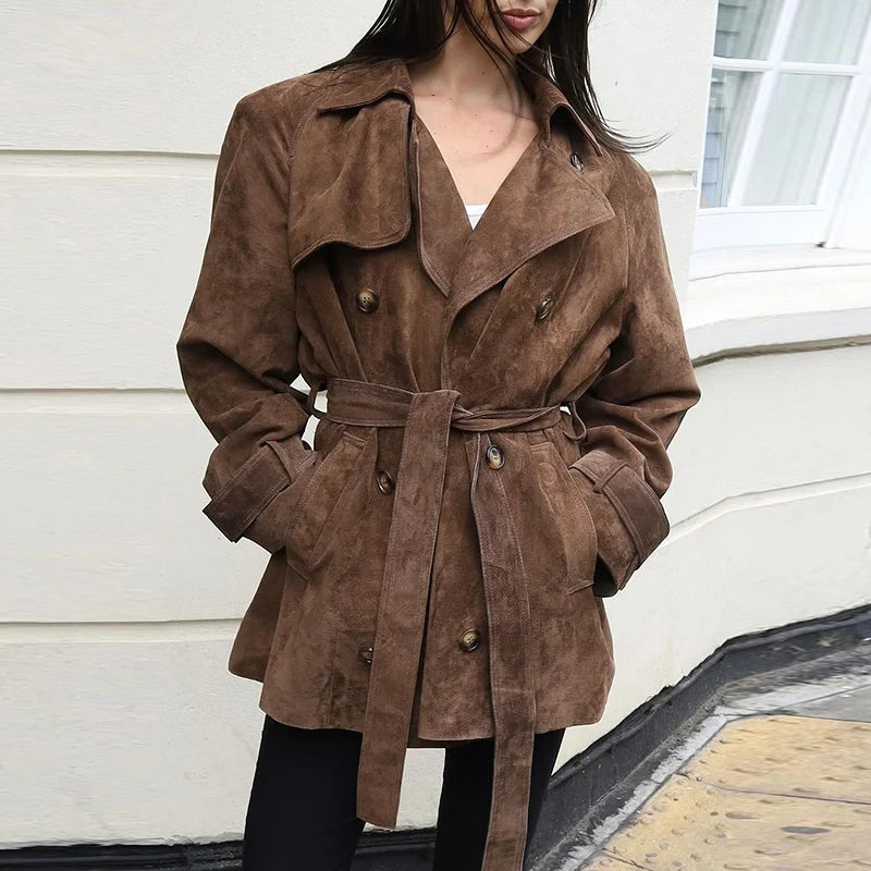Suede Belt Jackets Women Loose Lapel Double Breasted Long Sleeves Coats Female 2025 Autumn Winter Chic Vintage Street Outwears