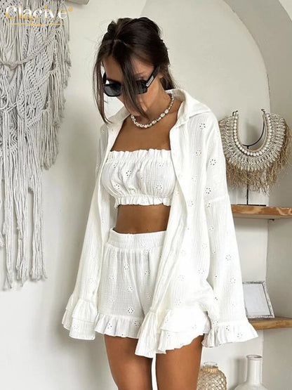 Cotton Long Sleeve Shirt & High-Waist Shorts 3-Piece Set | Wovetsa
