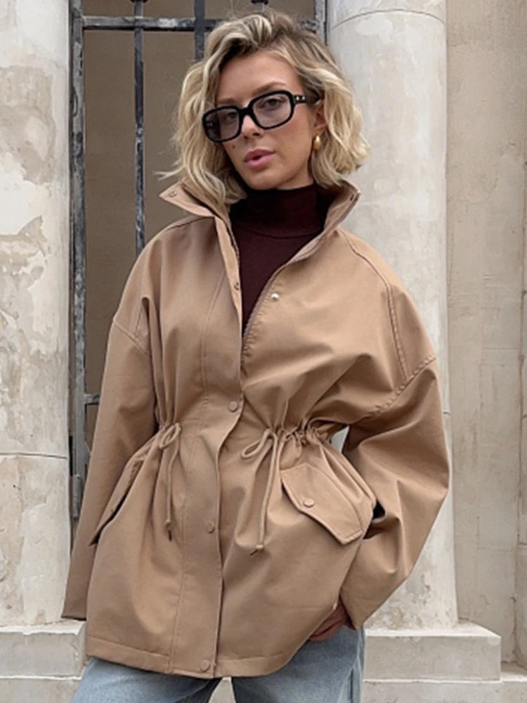 Suninheart Stand Collar Drawstring Waist Trench Jacket Female Commute Long Sleeves Casual Women's Mid-Length Trench Coat