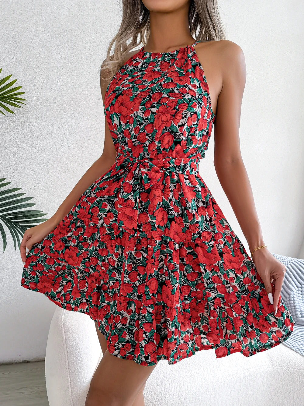 Women's Floral Ruffle Halter Dress – Elegant Summer Mini Dress
