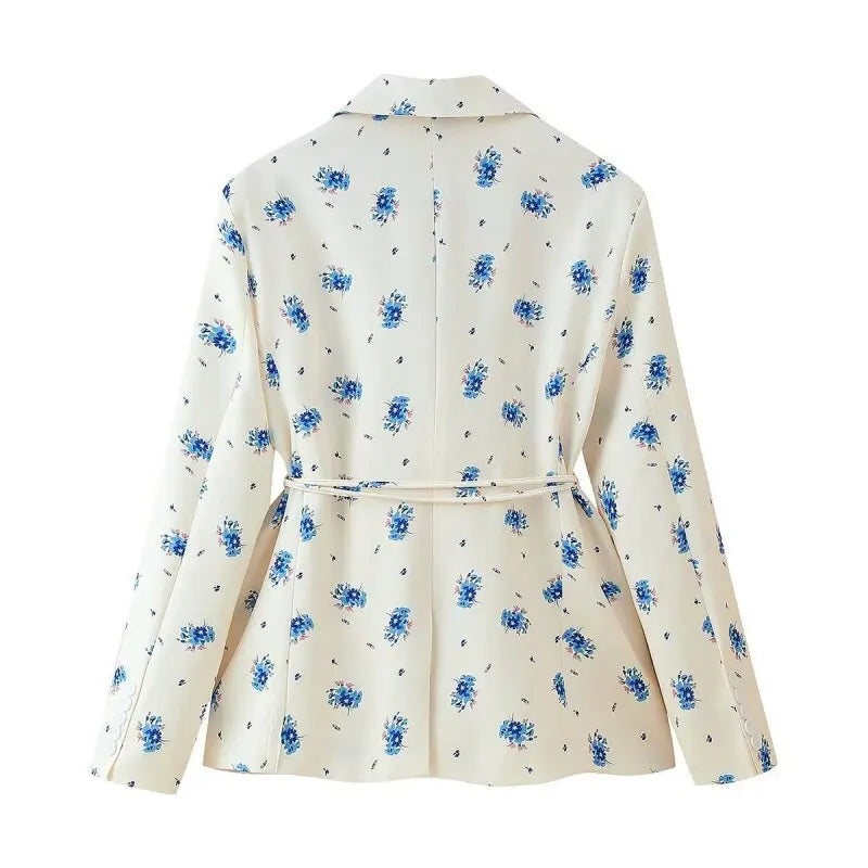 Women's Floral Print Blazer, White Pink Flower Casual Suit Jacket, Notch Lapel Loose Outwear with Tie Waist, Spring Daily Wear