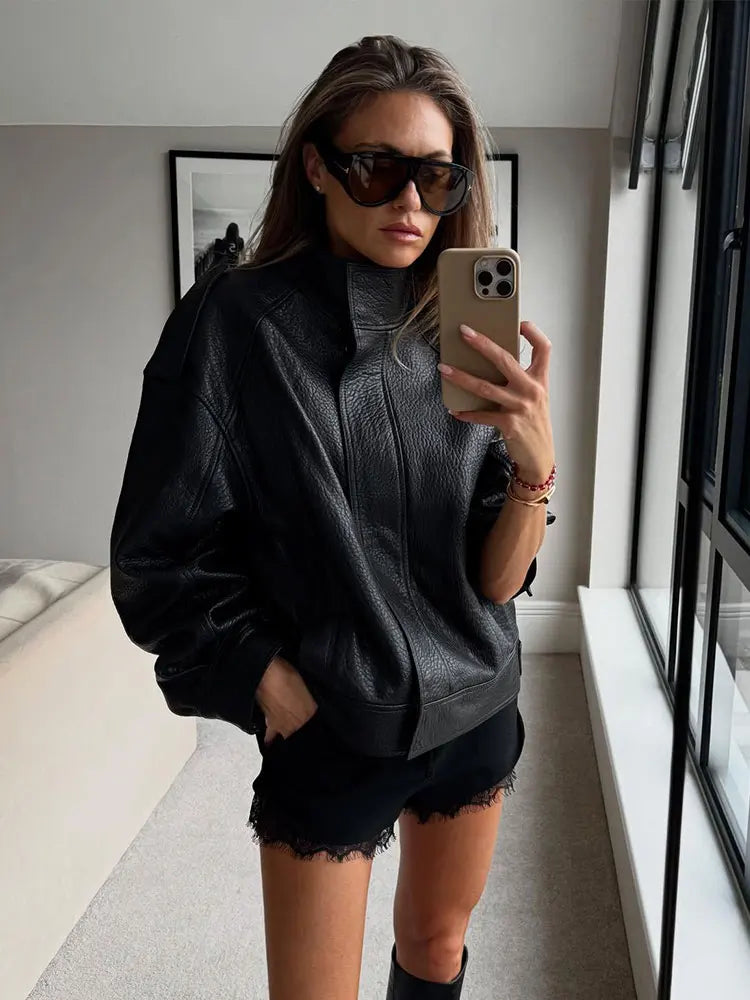 HH Autumn Pu Leather Jacket For Women Fashion High Street Overcoat Jackets Long Sleeve Zipper Coats Winter Casual Lady Outwear
