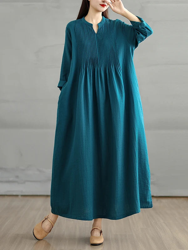 Blue High Waist A-Line Long Sve Maxi Dr Women's Midi Skirt Double Layered Simple Loose Versatile Cotton Linen Blend Dr