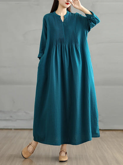 Blue High Waist A-Line Long Sve Maxi Dr Women's Midi Skirt Double Layered Simple Loose Versatile Cotton Linen Blend Dr