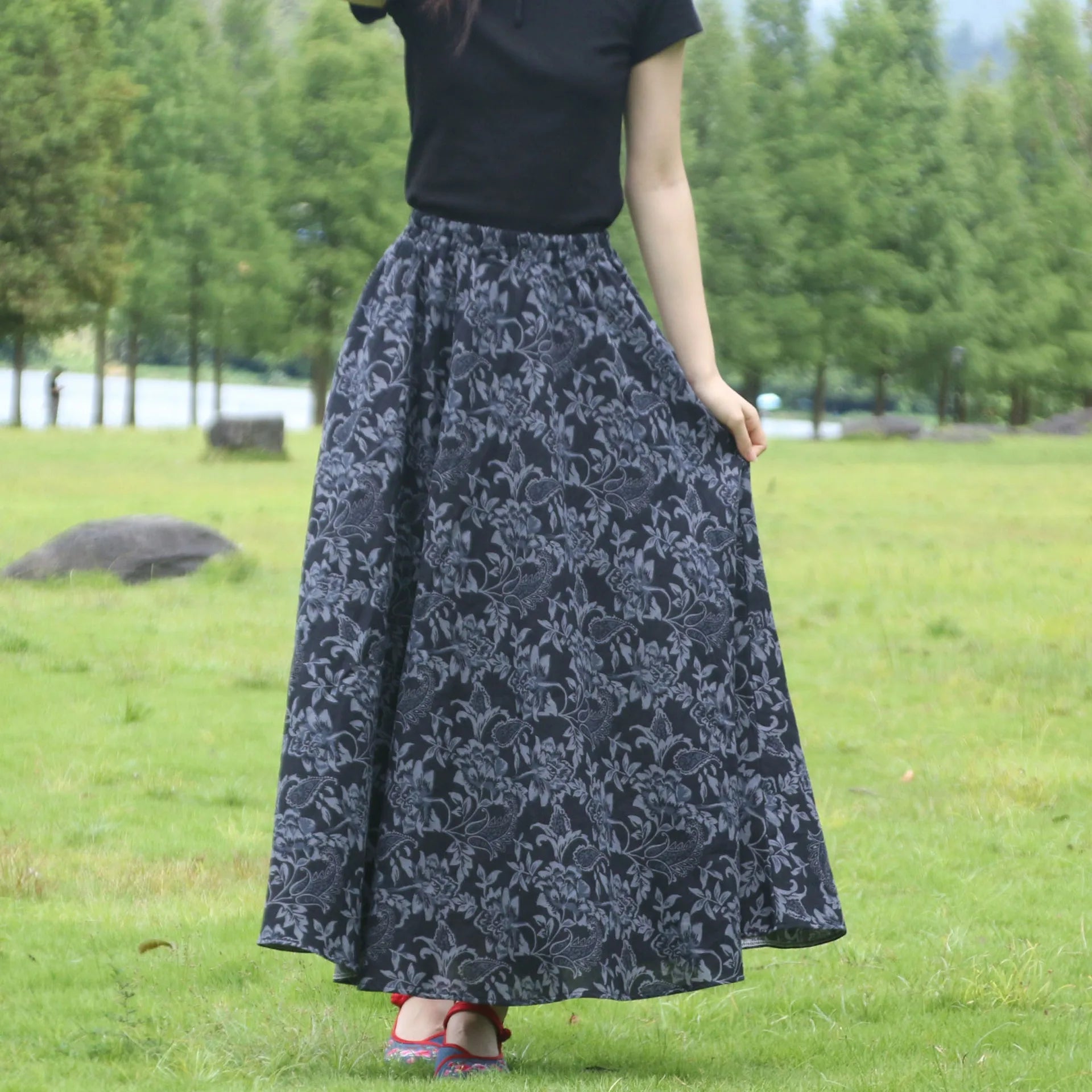 Bohemian Floral Print Cotton Linen Maxi Skirt | Wovetsa
