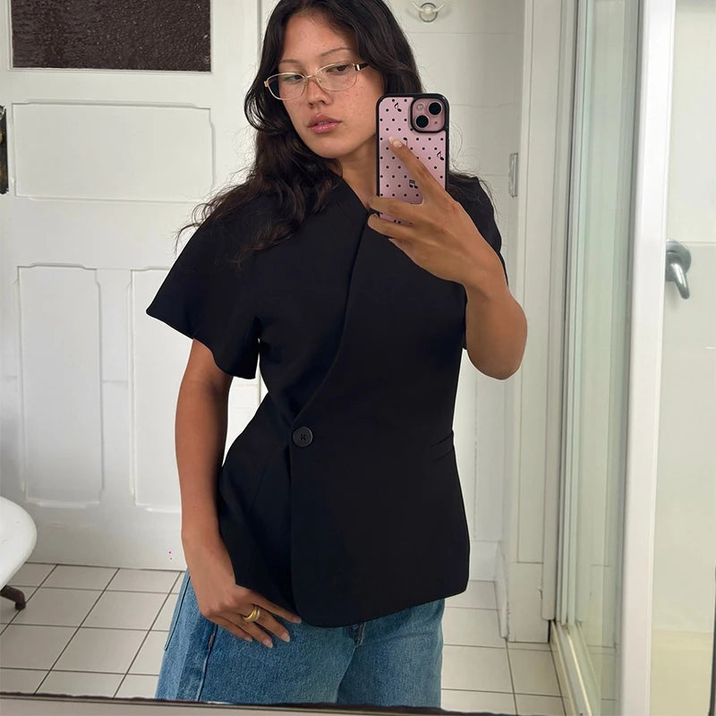 Short Sleeve V-Neck Peplum Blazer | Wovetsa