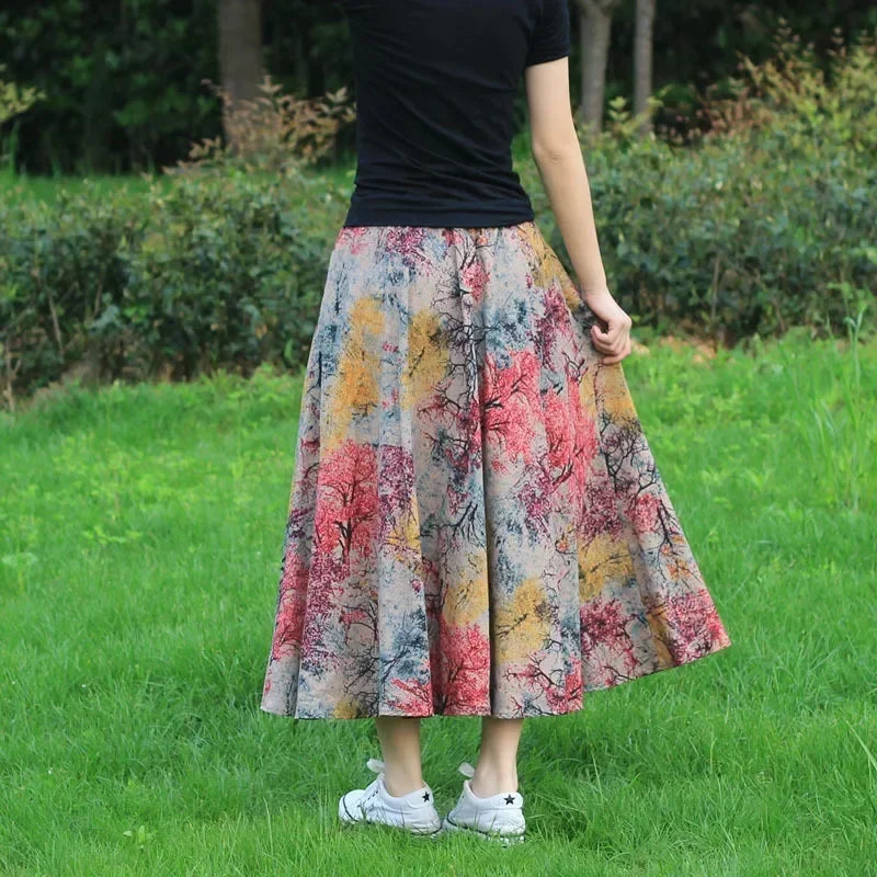 Bohemian Floral Print Cotton Linen Maxi Skirt | Wovetsa