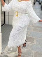 Winter Evening Dress Woman Long Sleeve Off Shoulder White Elegant Dresses with Belt Chic Faux Fur Dress Wholesale Dropshipping