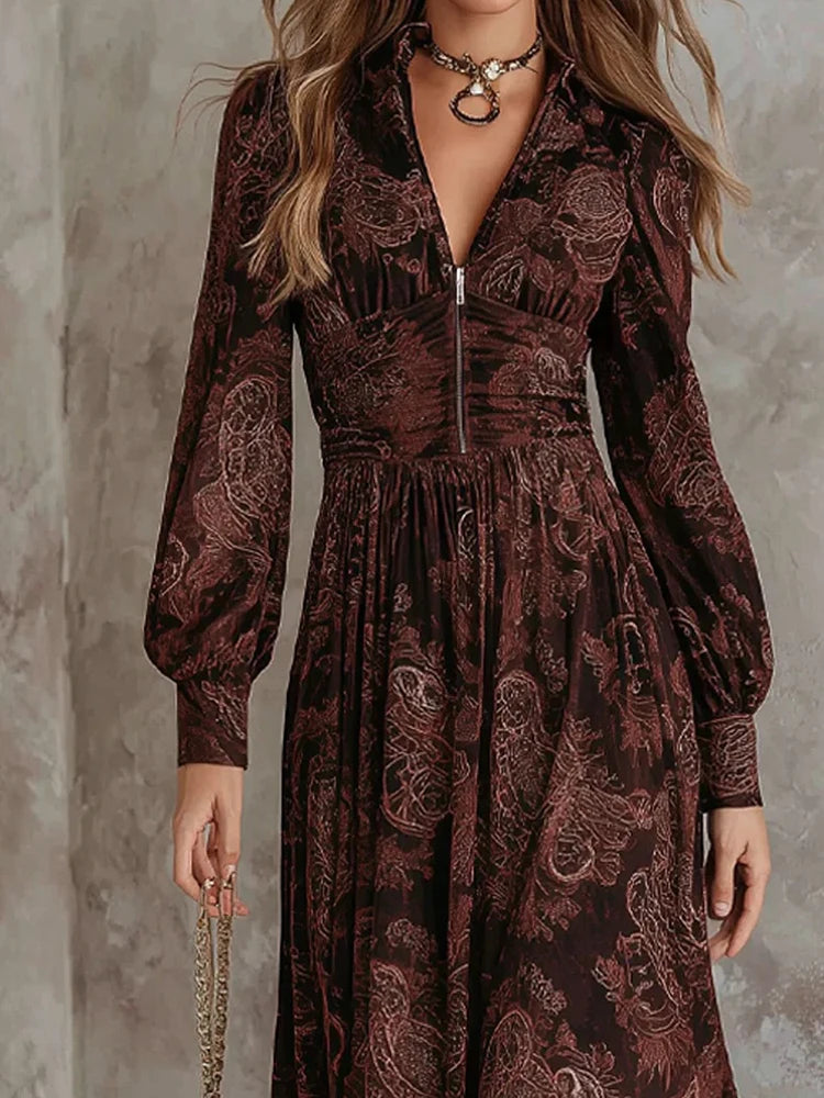 V-Neck Print Long Sleeve Maxi Dress | Wovetsa