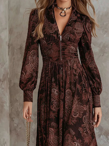 V-Neck Print Long Sleeve Maxi Dress | Wovetsa
