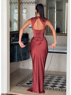 Ruched Waist Satin Fishtail Evening Gown | Wovetsa